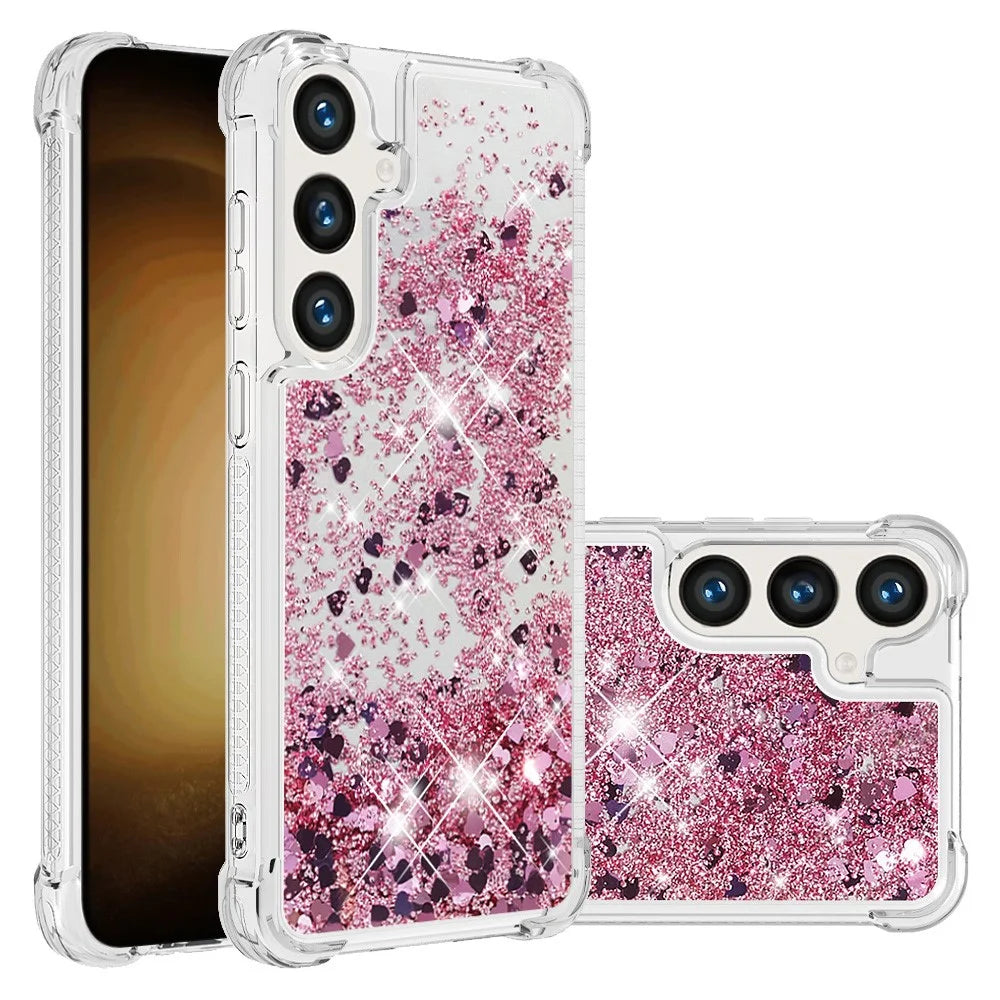 For Samsung Galaxy S24 FE TPU Case Glitter Quicksand Shockproof Phone Back Cover - Rose Gold / Hearts - 1