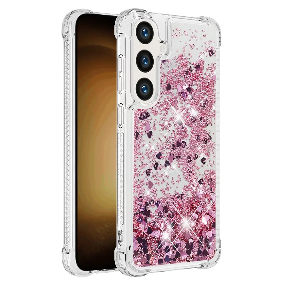 For Samsung Galaxy S24 FE TPU Case Glitter Quicksand Shockproof Phone Back Cover - Rose Gold / Hearts - 3