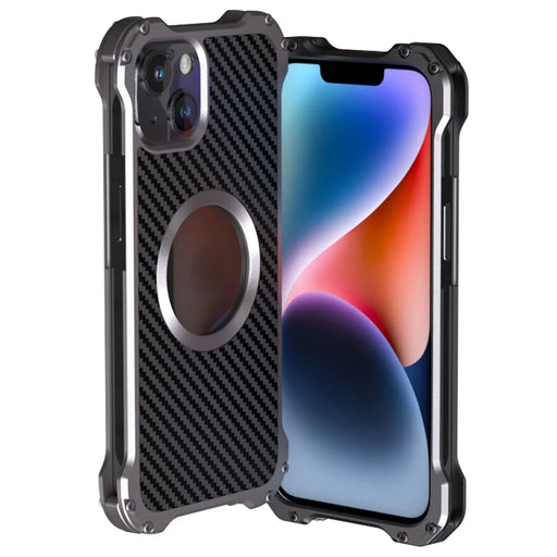R-JUST RJ-51 For iPhone 14 Plus Carbon Fiber Texture PC + Aluminum Alloy Phone Case Back Hollow Heat Dissipation Drop-proof Cover Compatible with Magsafe Charger - 1