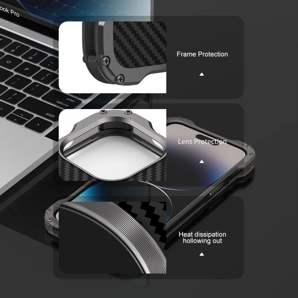 R-JUST RJ-51 For iPhone 14 Plus Carbon Fiber Texture PC + Aluminum Alloy Phone Case Back Hollow Heat Dissipation Drop-proof Cover Compatible with Magsafe Charger - 4