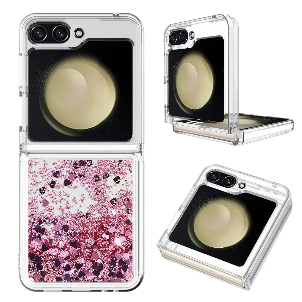 For Samsung Galaxy Z Flip7 FE 5G / Z Flip6 5G TPU Case Glitter Quicksand Shockproof Phone Back Cover - Rose Gold / Hearts - 1
