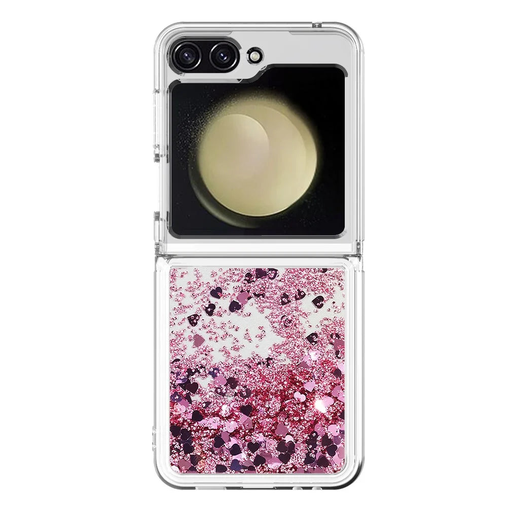 For Samsung Galaxy Z Flip7 FE 5G / Z Flip6 5G TPU Case Glitter Quicksand Shockproof Phone Back Cover - Rose Gold / Hearts - 2