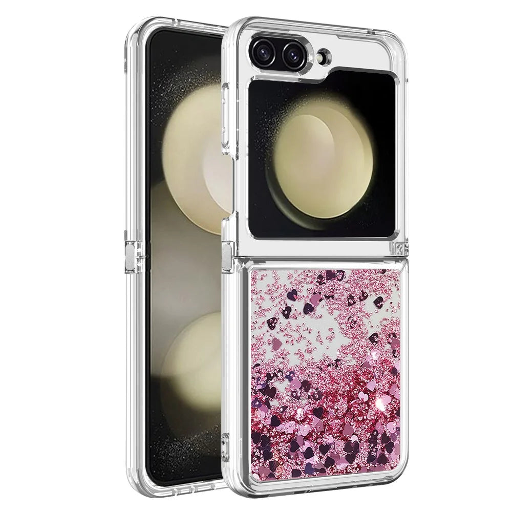 For Samsung Galaxy Z Flip7 FE 5G / Z Flip6 5G TPU Case Glitter Quicksand Shockproof Phone Back Cover - Rose Gold / Hearts - 3
