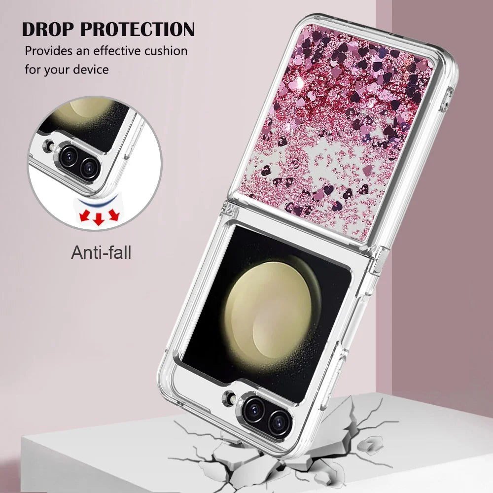 For Samsung Galaxy Z Flip7 FE 5G / Z Flip6 5G TPU Case Glitter Quicksand Shockproof Phone Back Cover - Rose Gold / Hearts - 5