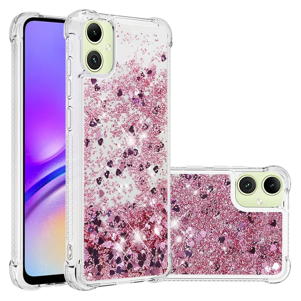 For Samsung Galaxy A06 4G TPU Case Glitter Quicksand Shockproof Phone Back Cover - Rose Gold / Hearts - 1