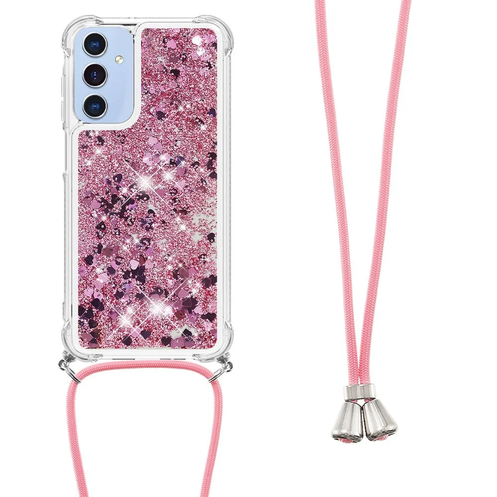 For Samsung Galaxy A16 5G / Galaxy A16 4G TPU Case Quicksand Design Phone Cover with Lanyard - Rose Gold / Hearts - 1