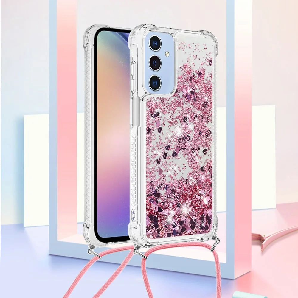 For Samsung Galaxy A16 5G / Galaxy A16 4G TPU Case Quicksand Design Phone Cover with Lanyard - Rose Gold / Hearts - 6