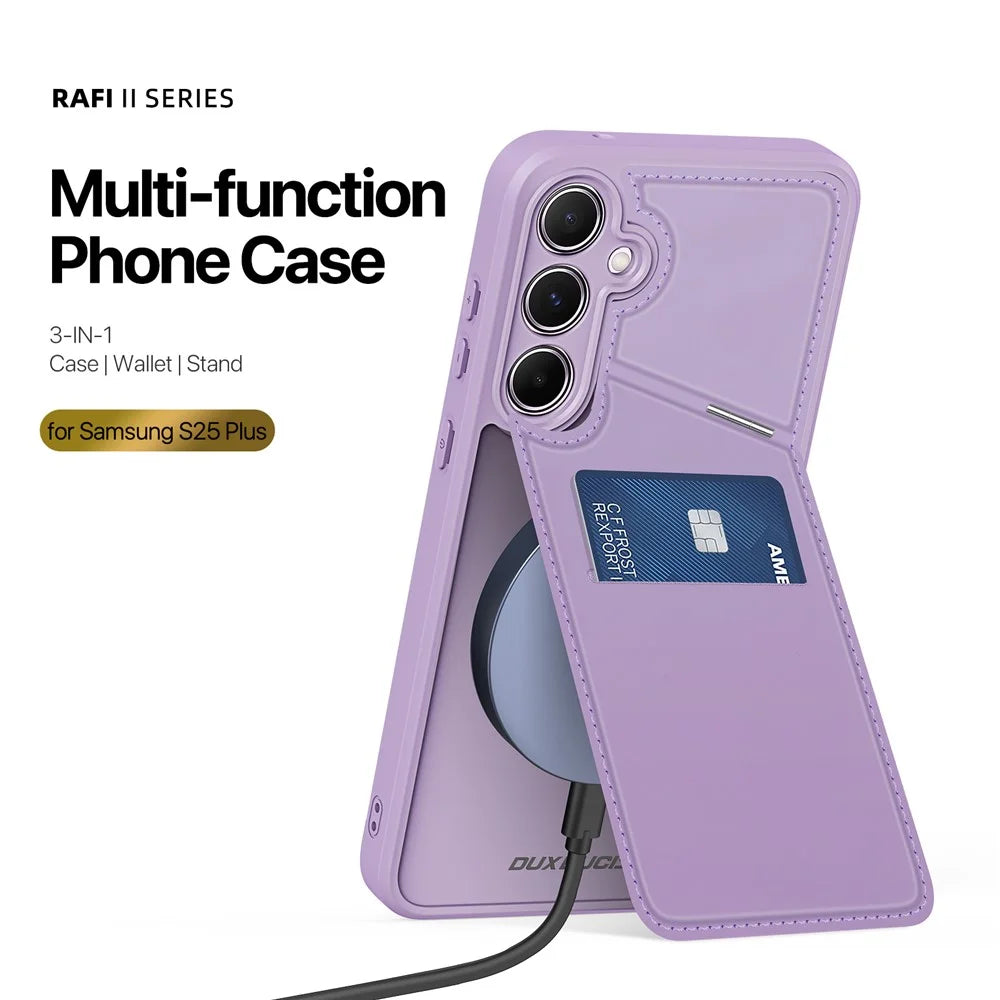 DUX DUCIS For Samsung Galaxy S25+ Magnetic Case  Rafi II Series Leather Back Cover with RFID Blocking Card Slots  - Purple Pink - 2