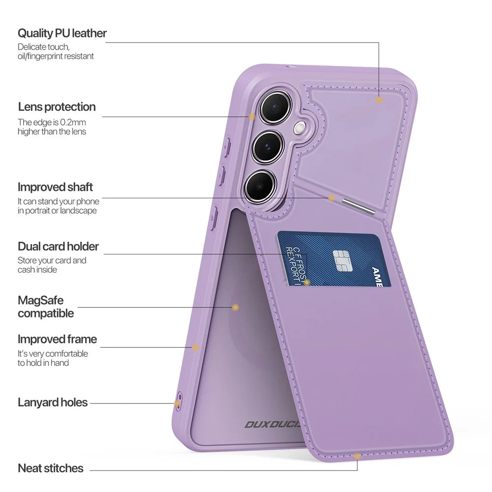 DUX DUCIS For Samsung Galaxy S25+ Magnetic Case  Rafi II Series Leather Back Cover with RFID Blocking Card Slots  - Purple Pink - 3