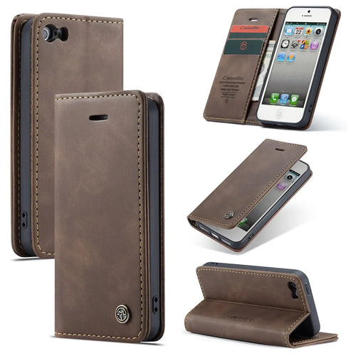 CASEME For iPhone 5s / iPhone SE (1st generation) / iPhone 5 Case  013 Series Card Holder Stand Leather Phone Cover - Coffee - 1
