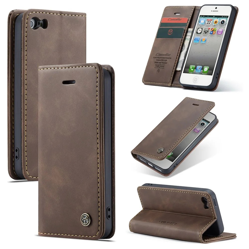 CASEME For iPhone 5s / iPhone SE (1st generation) / iPhone 5 Case  013 Series Card Holder Stand Leather Phone Cover - Coffee - 1