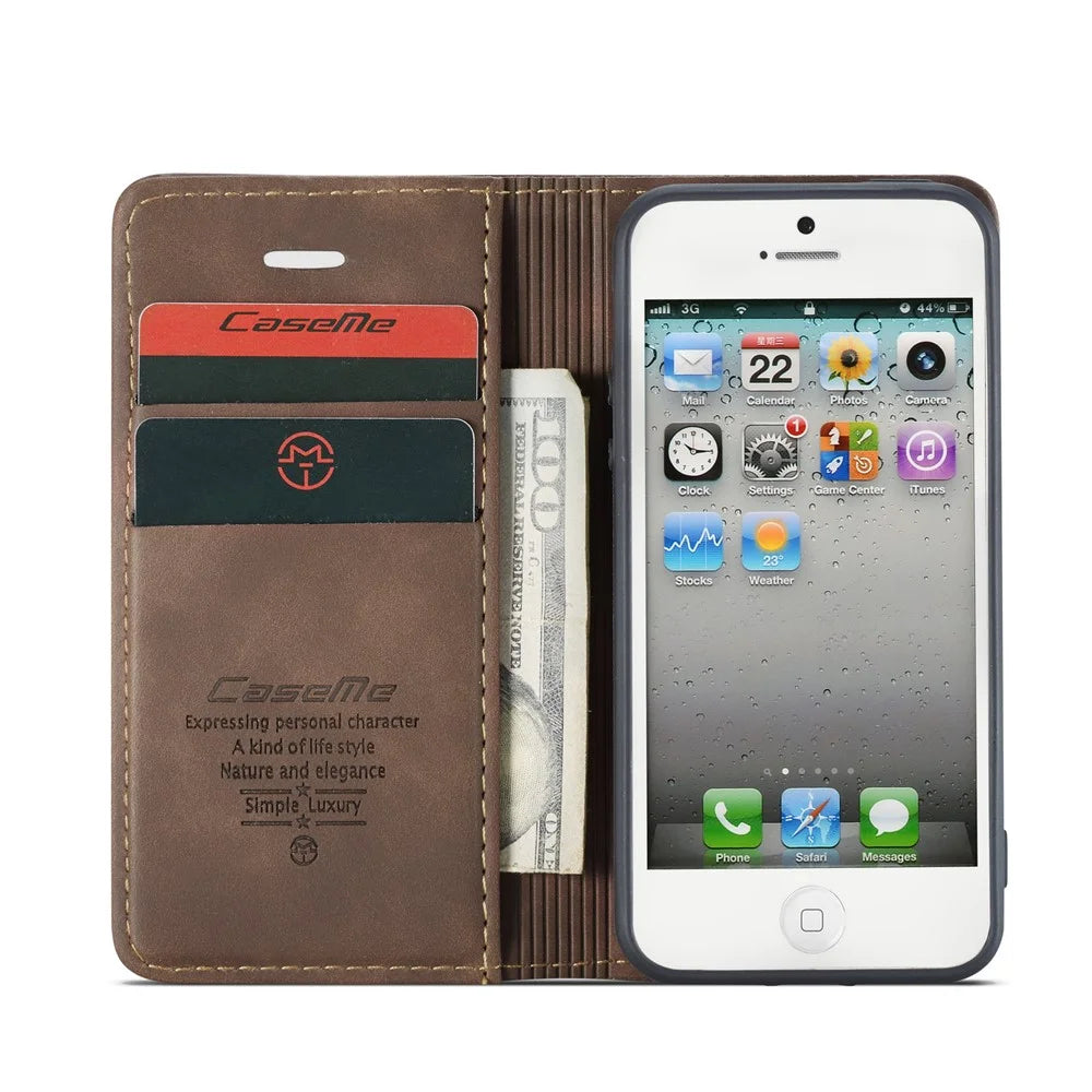 CASEME For iPhone 5s / iPhone SE (1st generation) / iPhone 5 Case  013 Series Card Holder Stand Leather Phone Cover - Coffee - 5