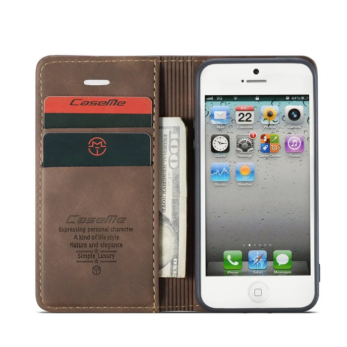 CASEME For iPhone 5s / iPhone SE (1st generation) / iPhone 5 Case  013 Series Card Holder Stand Leather Phone Cover - Coffee - 5