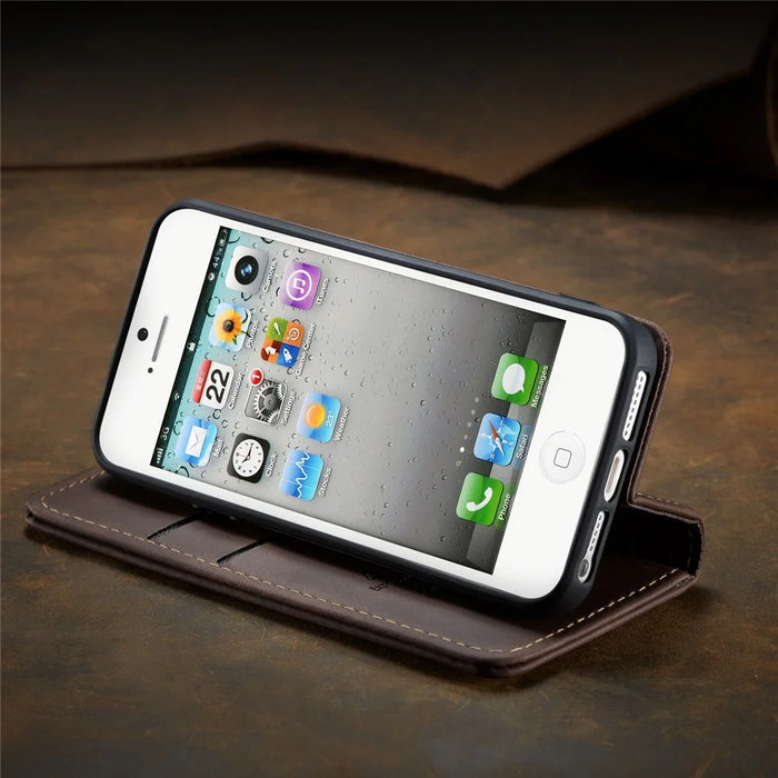 CASEME For iPhone 5s / iPhone SE (1st generation) / iPhone 5 Case  013 Series Card Holder Stand Leather Phone Cover - Coffee - 6