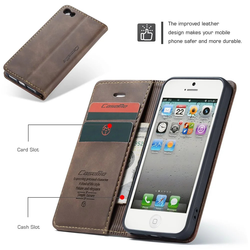 CASEME For iPhone 5s / iPhone SE (1st generation) / iPhone 5 Case  013 Series Card Holder Stand Leather Phone Cover - Coffee - 7