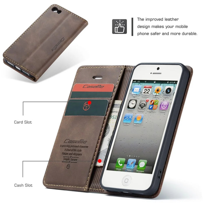 CASEME For iPhone 5s / iPhone SE (1st generation) / iPhone 5 Case  013 Series Card Holder Stand Leather Phone Cover - Coffee - 7
