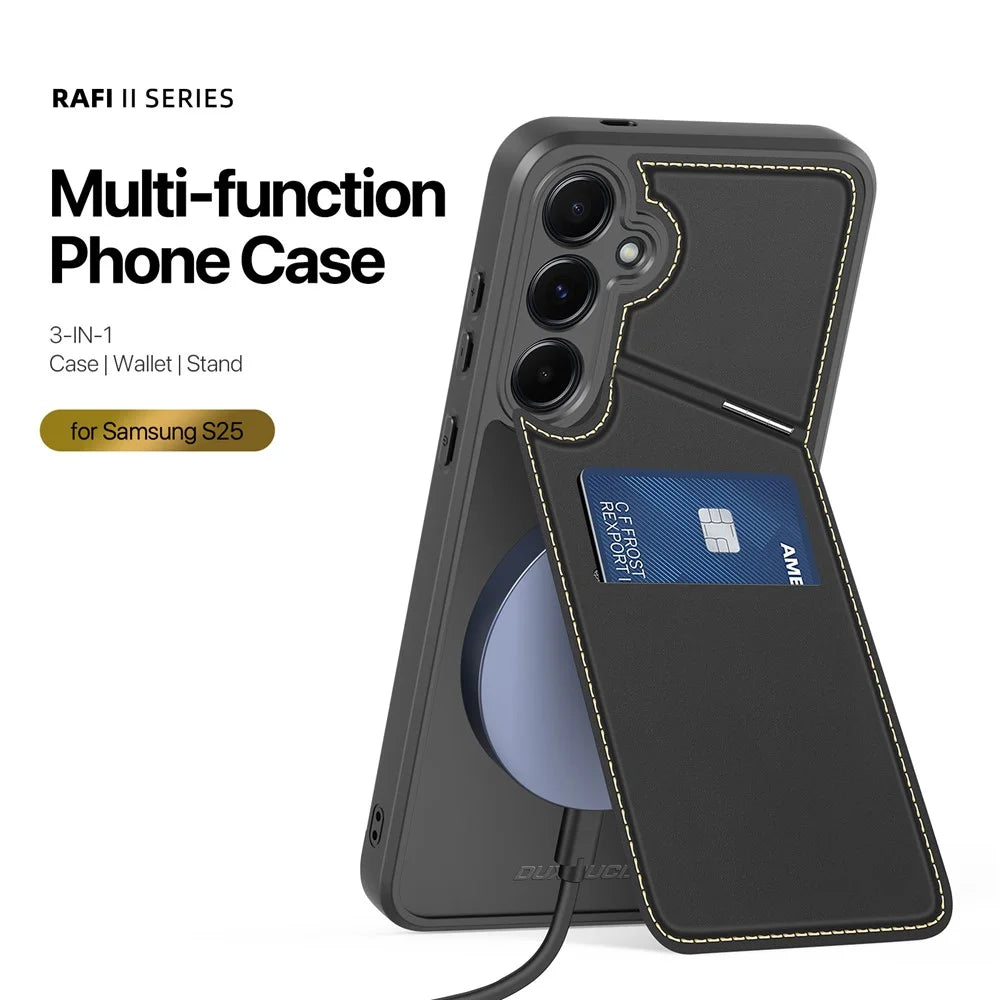 DUX DUCIS For Samsung Galaxy S25 Magnetic Case  Rafi II Series Leather Back Cover with RFID Blocking Card Slots  - Black - 2