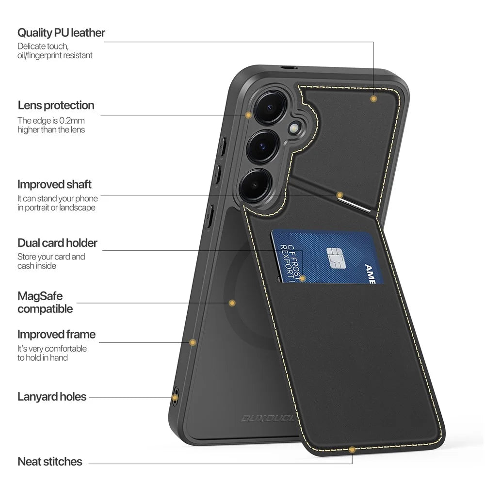DUX DUCIS For Samsung Galaxy S25 Magnetic Case  Rafi II Series Leather Back Cover with RFID Blocking Card Slots  - Black - 3