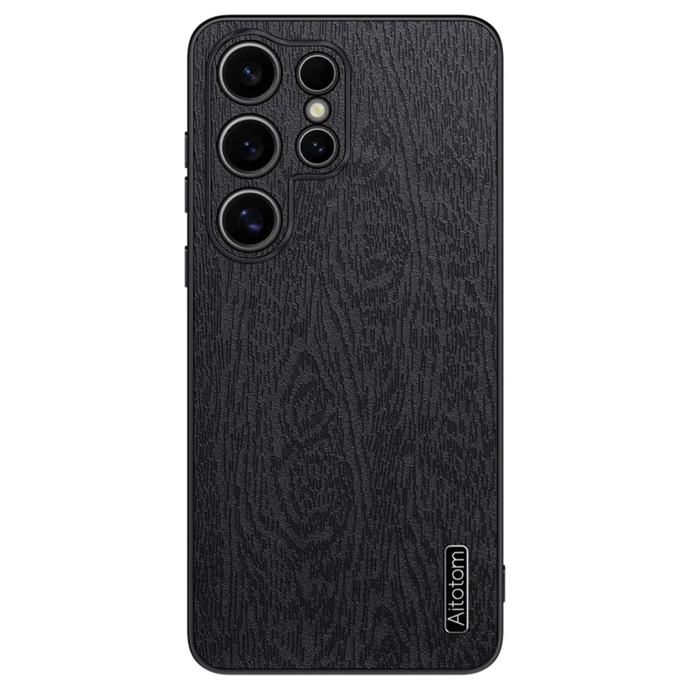For Samsung Galaxy S25 Ultra Case Wood Texture PU Leather Coated PC+TPU Phone Cover - Black - 1
