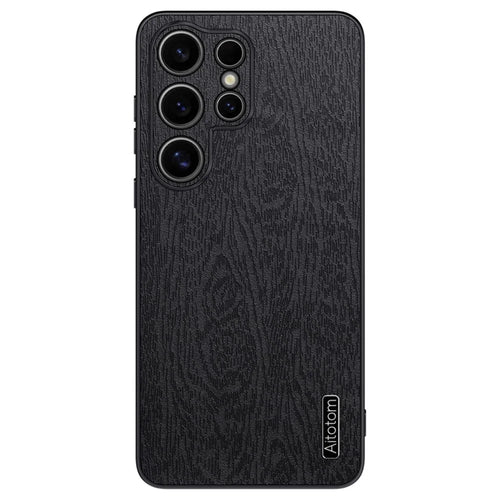 For Samsung Galaxy S25 Ultra Case Wood Texture PU Leather Coated PC+TPU Phone Cover - Black - 1