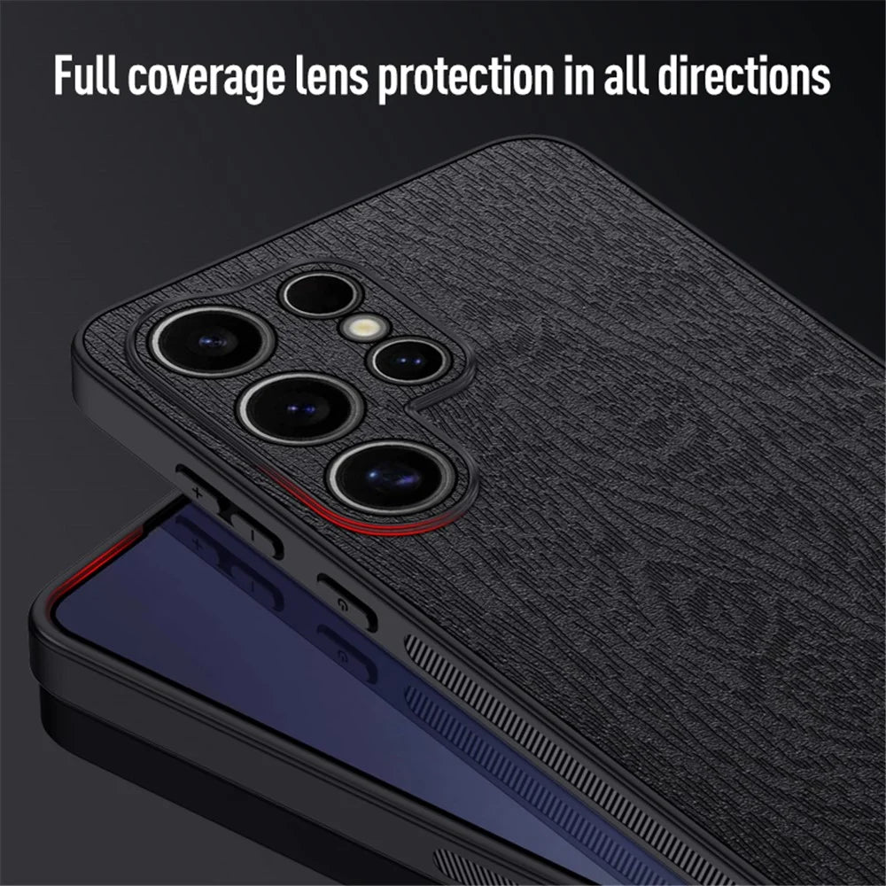 For Samsung Galaxy S25 Ultra Case Wood Texture PU Leather Coated PC+TPU Phone Cover - Black - 3
