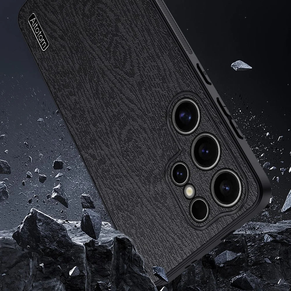 For Samsung Galaxy S25 Ultra Case Wood Texture PU Leather Coated PC+TPU Phone Cover - Black - 5