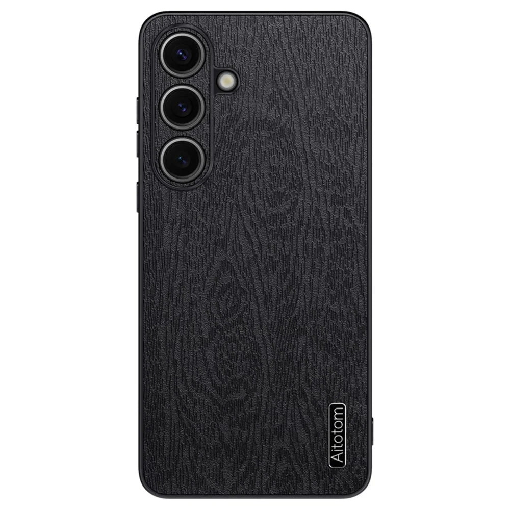For Samsung Galaxy S25 Case Wood Texture PU Leather Coated PC+TPU Phone Cover - Black - 1