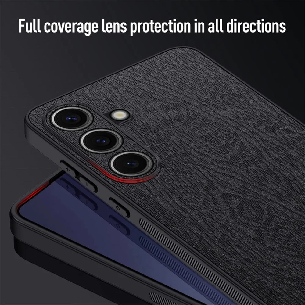 For Samsung Galaxy S25 Case Wood Texture PU Leather Coated PC+TPU Phone Cover - Black - 3