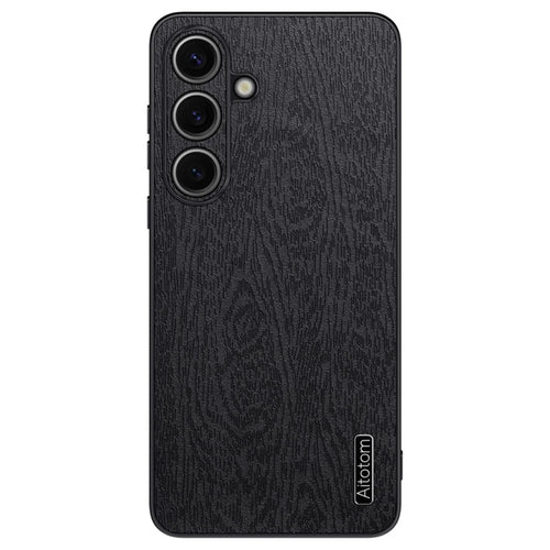 For Samsung Galaxy S25+ Case Wood Texture PU Leather Coated PC+TPU Phone Cover - Black - 1
