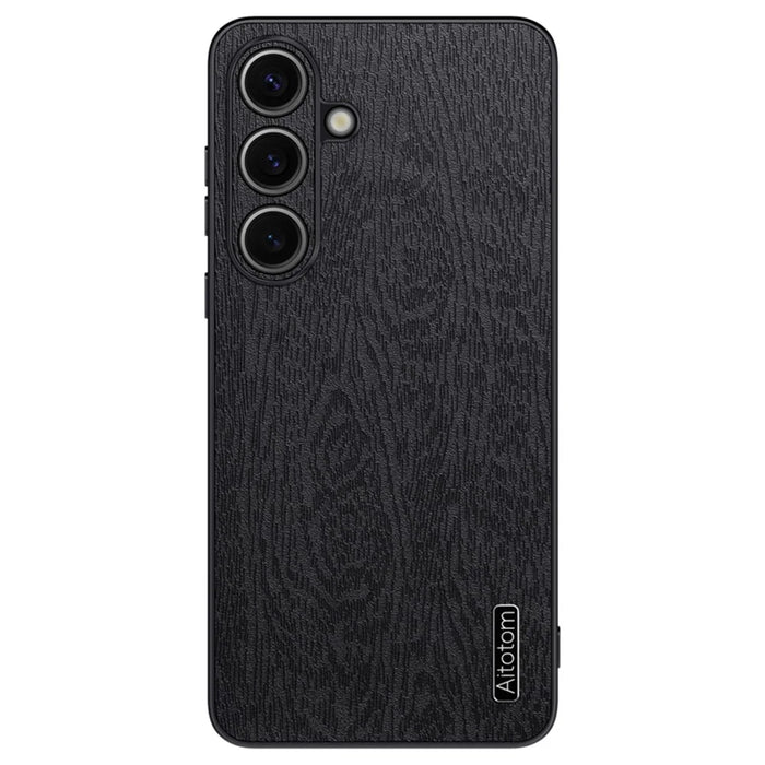 For Samsung Galaxy S25+ Case Wood Texture PU Leather Coated PC+TPU Phone Cover - Black - 1