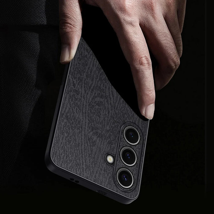 For Samsung Galaxy S25+ Case Wood Texture PU Leather Coated PC+TPU Phone Cover - Black - 2