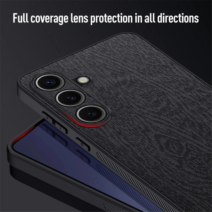 For Samsung Galaxy S25+ Case Wood Texture PU Leather Coated PC+TPU Phone Cover - Black - 3