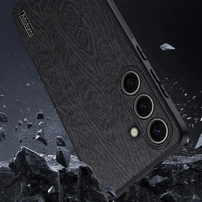 For Samsung Galaxy S25+ Case Wood Texture PU Leather Coated PC+TPU Phone Cover - Black - 5