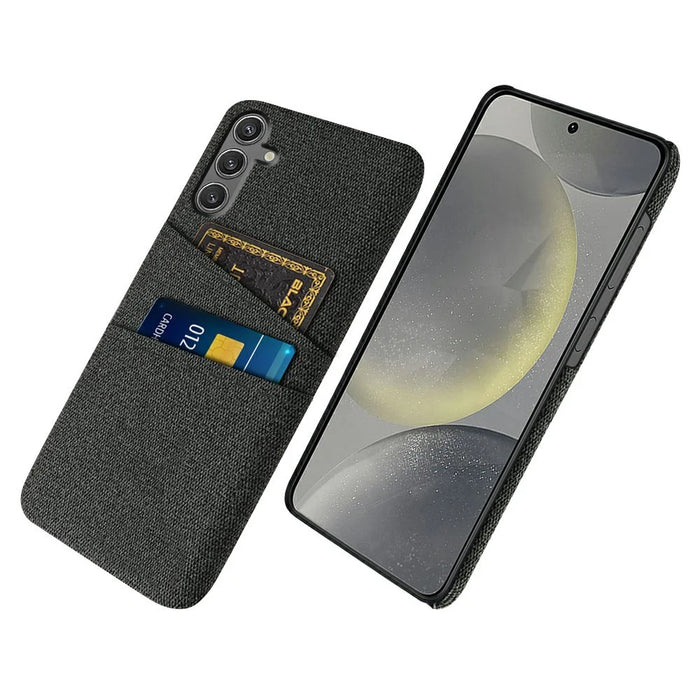 For Samsung Galaxy S25 Case Cloth + Hard PC Phone Cover with Dual Card Slots - Black - 1