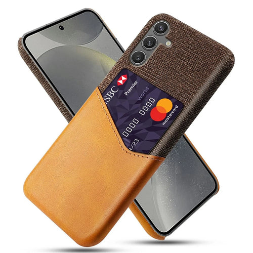 For Samsung Galaxy S25 Case PU Leather Card Slot Cloth Texture Hard PC Phone Cover - Orange - 1