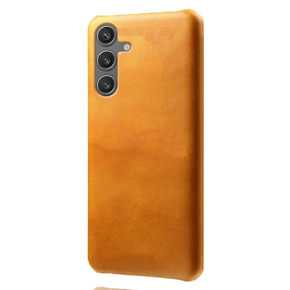 For Samsung Galaxy S25 Case Calf Texture PU Leather Hard PC Protective Phone Cover - Orange - 1