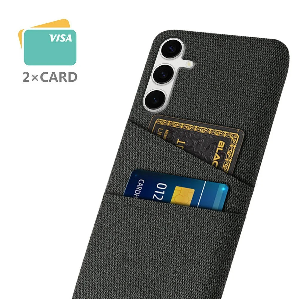 For Samsung Galaxy S25+ Case Cloth + Hard PC Phone Cover with Dual Card Slots - Black - 2