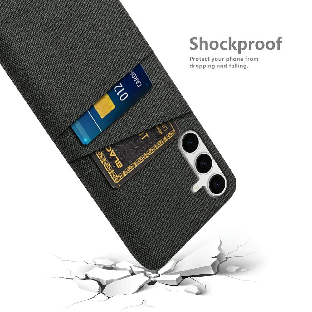 For Samsung Galaxy S25+ Case Cloth + Hard PC Phone Cover with Dual Card Slots - Black - 4