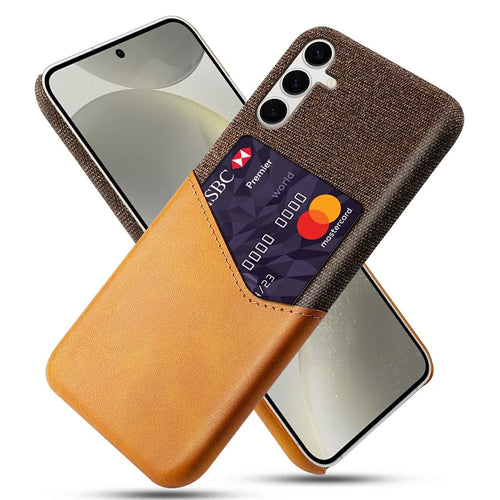 For Samsung Galaxy S25+ Case PU Leather Card Slot Cloth Texture Hard PC Phone Cover - Orange - 1
