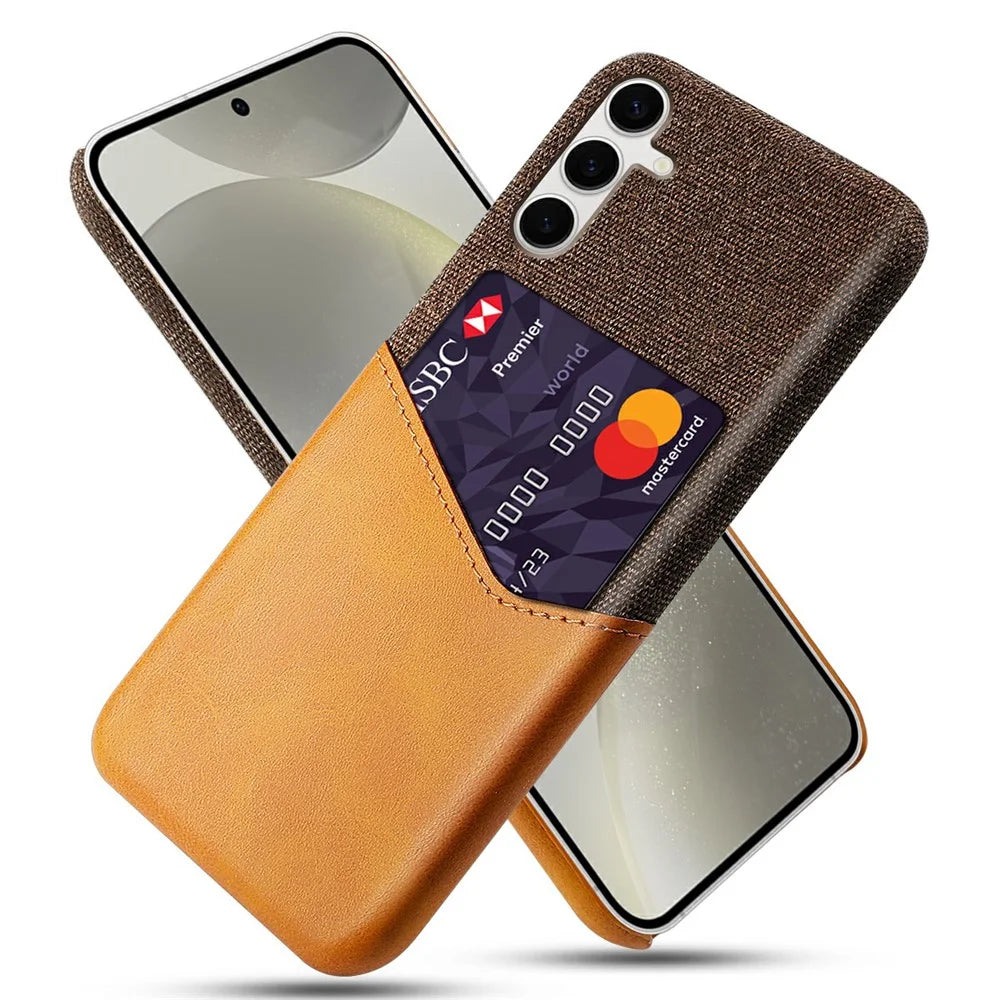 For Samsung Galaxy S25+ Case PU Leather Card Slot Cloth Texture Hard PC Phone Cover - Orange - 1