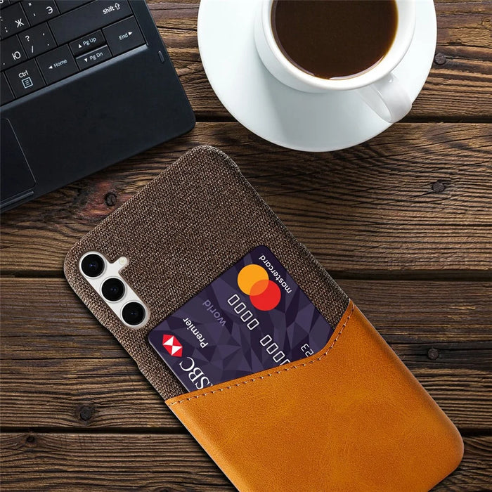 For Samsung Galaxy S25+ Case PU Leather Card Slot Cloth Texture Hard PC Phone Cover - Orange - 4