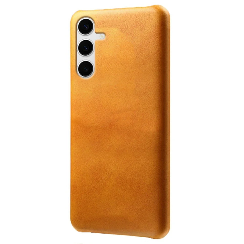 For Samsung Galaxy S25+ Case Calf Texture PU Leather Hard PC Protective Phone Cover - Orange - 1