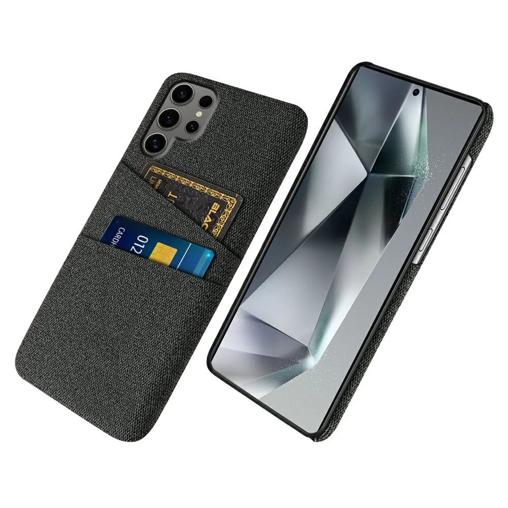 For Samsung Galaxy S25 Ultra Case Cloth + Hard PC Phone Cover with Dual Card Slots - Black - 1