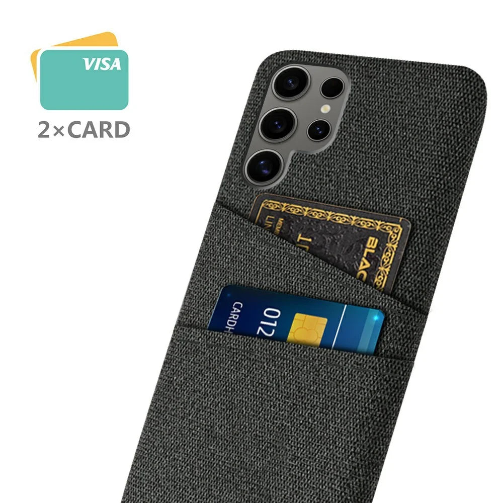 For Samsung Galaxy S25 Ultra Case Cloth + Hard PC Phone Cover with Dual Card Slots - Black - 2