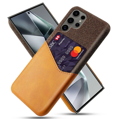 For Samsung Galaxy S25 Ultra Case PU Leather Card Slot Cloth Texture Hard PC Phone Cover - Orange - 1