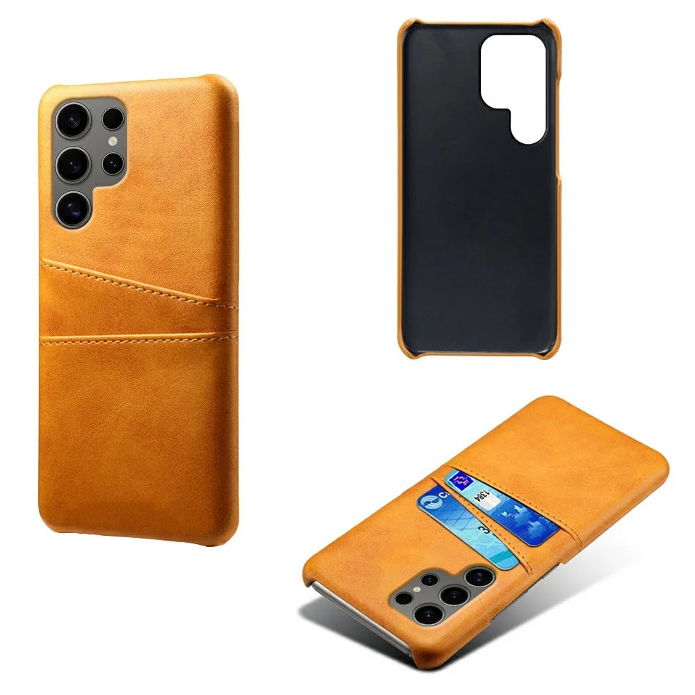 For Samsung Galaxy S25 Ultra Case Dual Card Slots PU Leather + Hard PC Phone Cover - Orange - 1