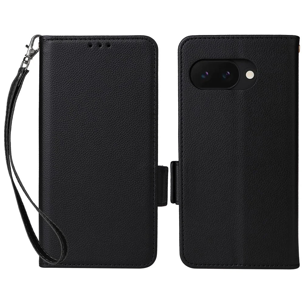 For Google Pixel 9a Case with Wrist Strap Litchi Texture PU Leather Wallet Phone Cover - Black - 1