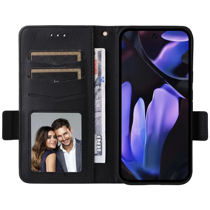 For Google Pixel 9a Case with Wrist Strap Litchi Texture PU Leather Wallet Phone Cover - Black - 2