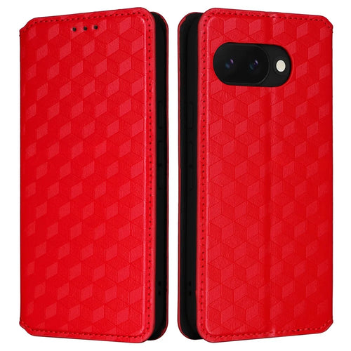 For Google Pixel 9a Wallet Case Rhombus Imprinted Leather Phone Cover - Red - 1