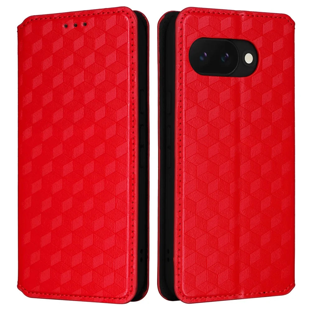 For Google Pixel 9a Wallet Case Rhombus Imprinted Leather Phone Cover - Red - 1
